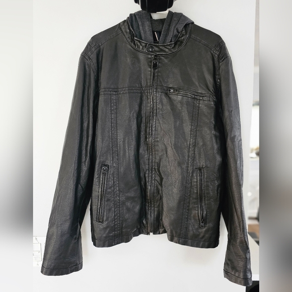 Levi’s Black Faux Leather Moto Jacket w/ Gray Hood Size Large Zip Up Biker Style